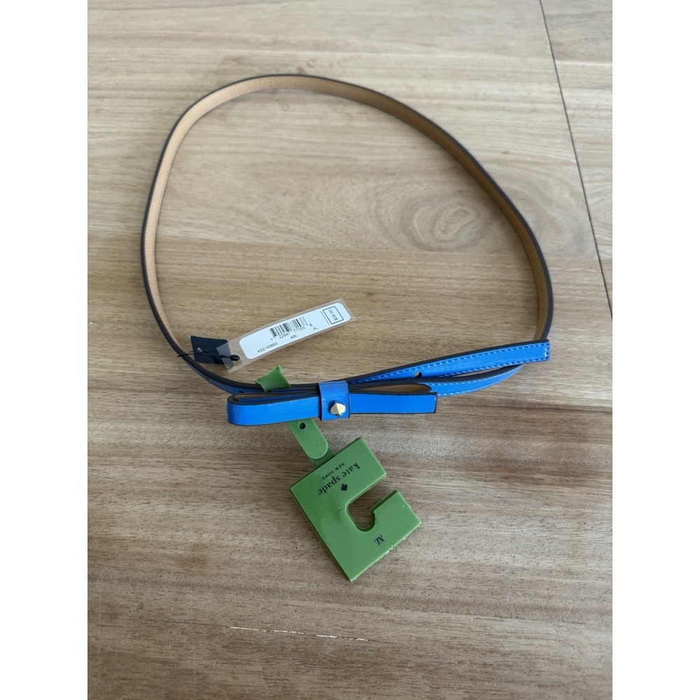 Kate Spade New York Cobalt Blue Patent Bow Skinny Belt XL NWT Gold Tone $58 MSRP